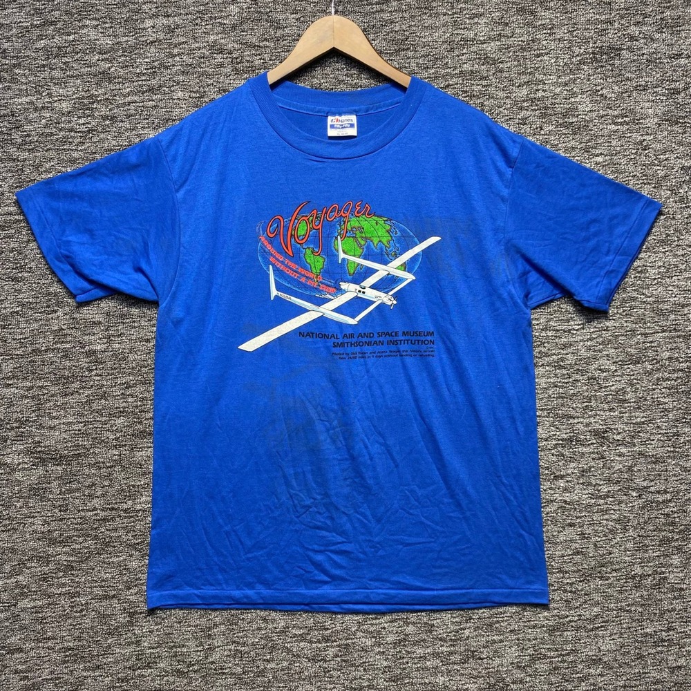 Vintage 1988 Voyager Aircraft T Shirt Hanes 50/50โ XL Smithsonian Air Space Blue